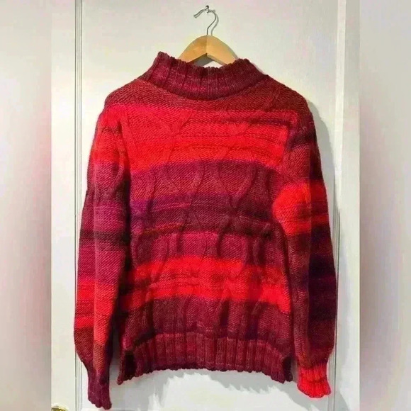 Bianca G Red Purple & Orange Cable Knit Mock
Neck Pullover Sweater. - Picture 1 of 5
